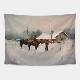 Snow Barn Oil on Canvas Tapestry