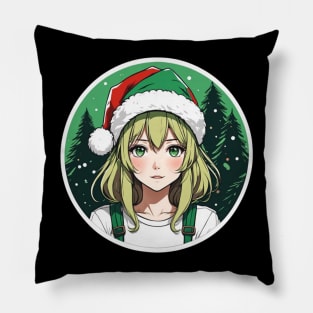 Christmas anime girl with green hat Pillow