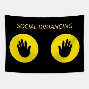 Social distance black handprints in yellow circle. Tapestry