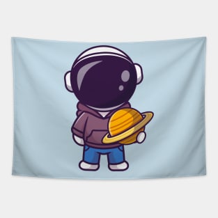 Cute Astronaut Holding Planet and Wearing Hoodie Cartoon Tapestry