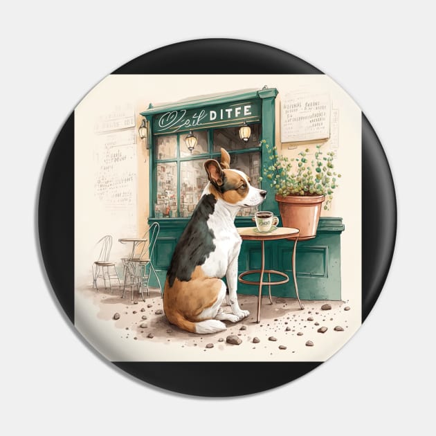 Dog in French Bistro Coffee Illustration Pin by unrealartwork