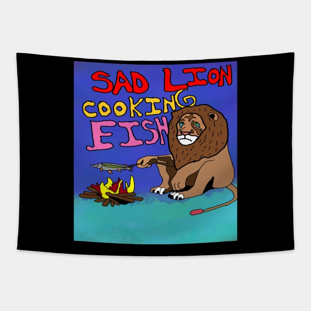 drawing sad lion cooking fish Tapestry by Catbrat