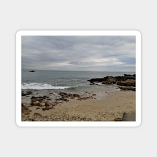 View from a sandy beach of a boat at sea Magnet