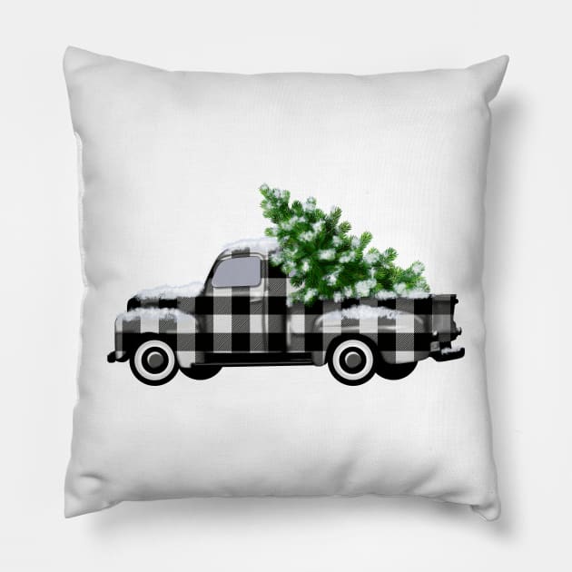 Black and White Buffalo Plaid Vintage Truck with Pine Tree Pillow by CheriesArt