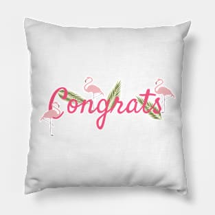 Congrats With Pink Flamingo and Green Palm Leaves Pillow