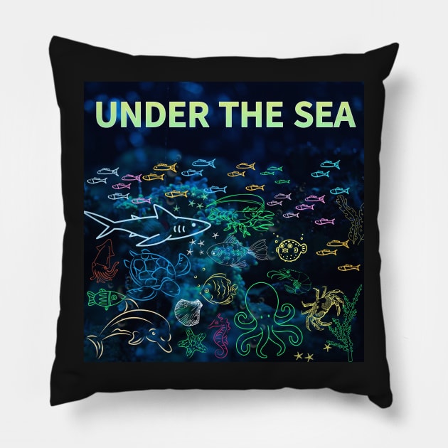 under the sea,blue sea,sea creatures,Turtle, puffer fish, starfish, shrimp, shark, tropical fish, sea horse, seaweed, sardines, squid, crabs, clams Pillow by zzzozzo