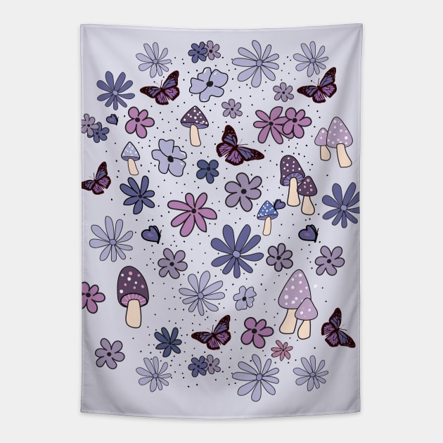 Lilac Flowers Butterflies and Mushrooms Cottagecore Aesthetic Tapestry by YourGoods