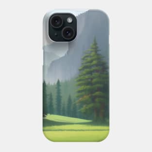 A painting of a forest with mountains in the background Phone Case