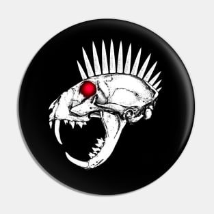 Cat Skull with Spiked Mohawk and Red, Glowing Eye Pin