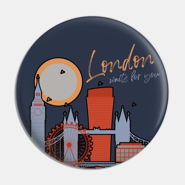 London Awaits: Iconic Cityscape & Typography Pin by ivaostrogonac