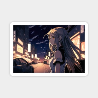 Cute Anime Girl at Night in Tokyo Crossing Street - Anime Wallpaper Magnet