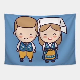 Cute Swedish Couple in Traditional Clothing Cartoon Tapestry