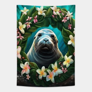 Cartoon Art Of Hawaiian Monk Seal With Plumeria Tapestry