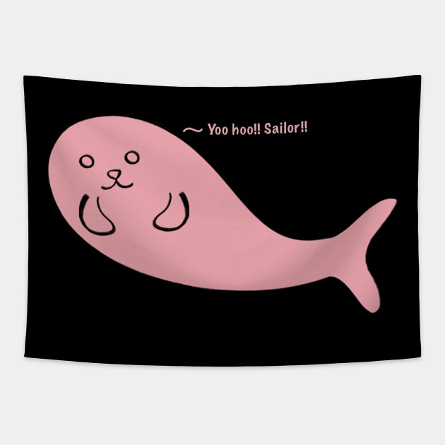 Yoo Hoo Sailor call by Kawaii Cute Seal, Funny Cute Saying, Pink Seal Tapestry by vystudio