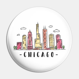 Chicago Illinois Skyline in Colored Hand Drawn Style Pin