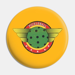 Playing Pickleball is fun. Pickle Ball Tournament Superhero, Worn Style, Retro Design Pin