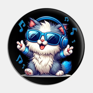 Cute cat wearing blue headphone and sunglass enjoying music Pin