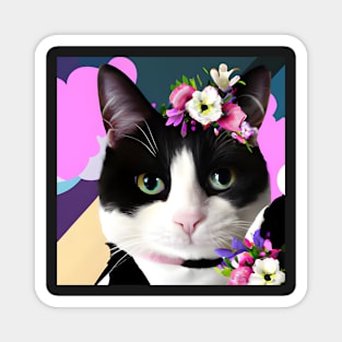 Black and White Cat with a Flower Tiara and Colourful Background. Magnet