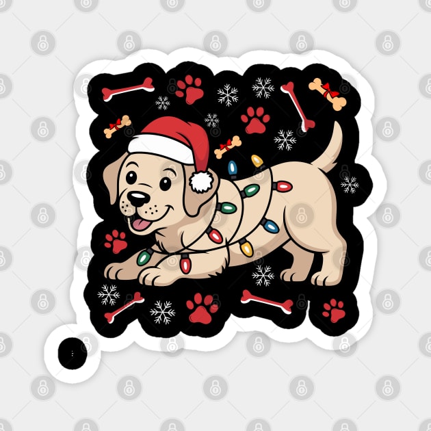 Cute Christmas Puppy With Santa Hat and Holiday Lights Magnet by Creatifly Graphic Tees