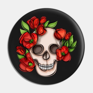 Minimalistic Continuous Line Skull with Poppies Pin