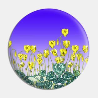 YELLOW CYCLAMENS,GREEN LEAVES UNDER BLUE SKY Floral Pin