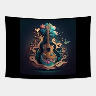 Beautiful guitar with flowers on it and all around. Tapestry