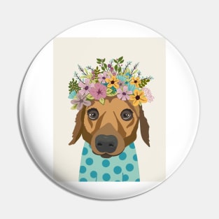 Dog in floral crown wearing a polka dot blue jumper Pin