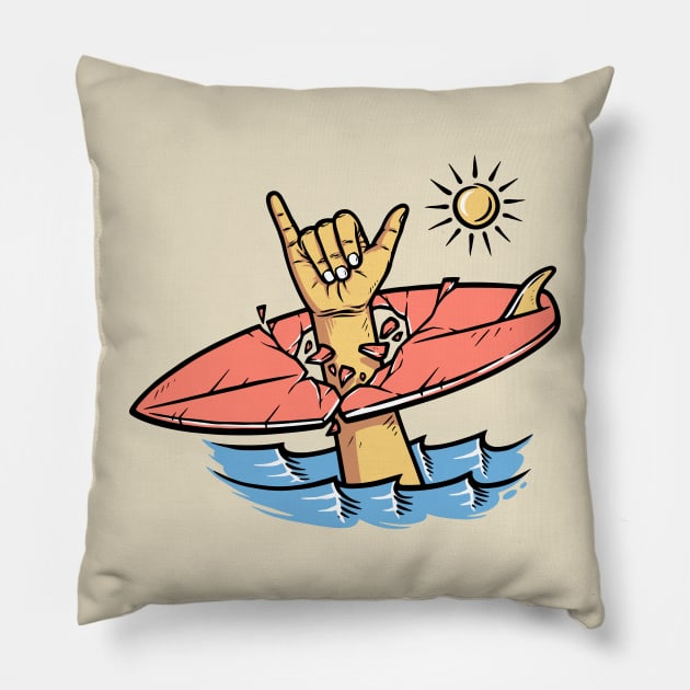 shaka hand and surfboard Pillow by gunaone design