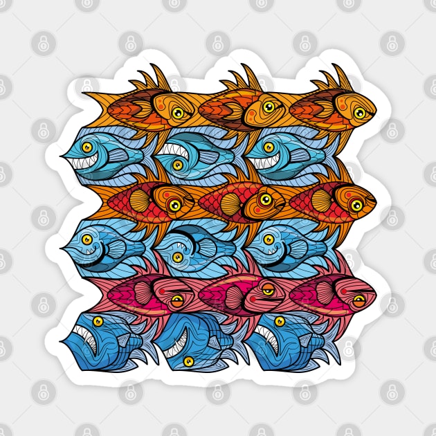 Fish tessellation escher style in red and blue Magnet by Maxsomma