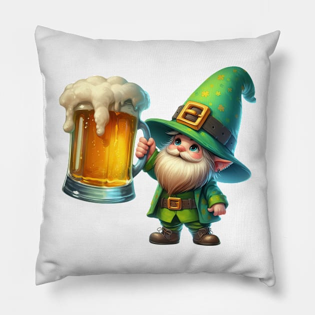 St Patricks Day Gnome Drinking Beer Pillow by Chromatic Fusion Studio