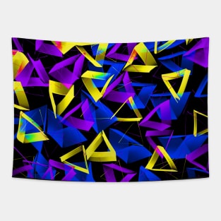 3D Purple Yellow BlueTriangles on Black Abstract Tapestry