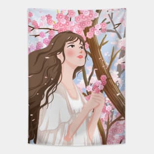 Beautiful Lady With Bloom Flowers Tapestry
