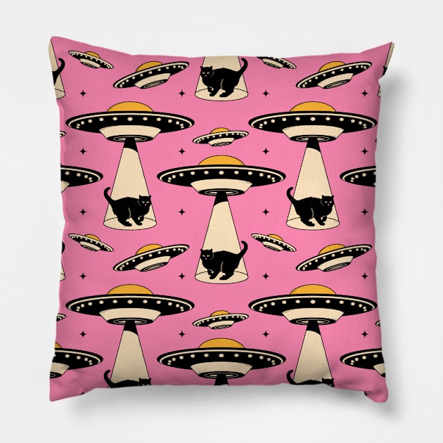 Aliens and Black Cat Pattern in pink Pillow by The Charcoal Cat Co.