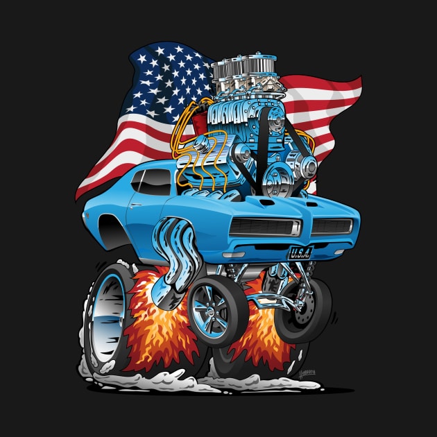 Patriotic Sixties American Muscle Car with USA Flag Cartoon by hobrath