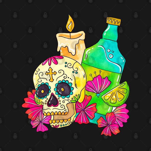 Sugar Skull With Candle And Tequila by TheSkullArmy