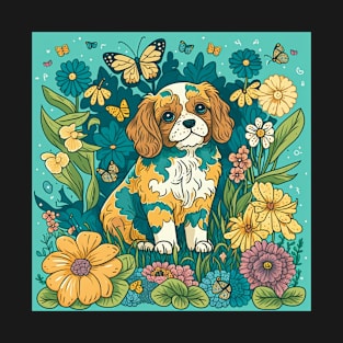 Cute Puppy in Colorful Garden T-Shirt