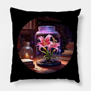 Stargazer Lily in Jar on Desk With Books Pillow