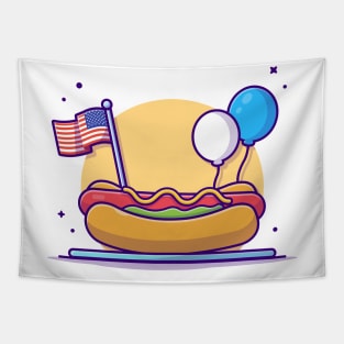 Tasty Hotdog on Plate with USA Independence Day Flag And Balloon Cartoon Vector Icon Illustration Tapestry