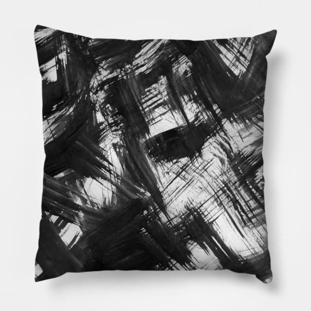 Black ink wash painting in East Asian style. Grunge texture. Hand-painted abstract monochrome. Design for fabric, textiles, wallpaper, baby room, packaging, paper. Pillow by Olesya Pugach