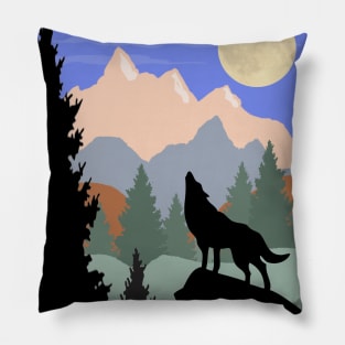 Mountain Scene Howling Wolf Pillow