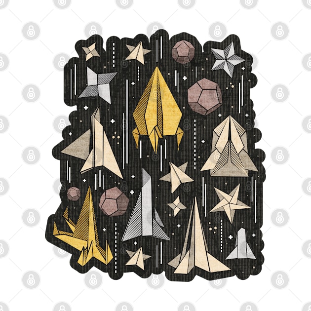 Reaching for the stars // illo // black background ivory grey brown and yellow origami paper asteroids stars and space ships traveling light speed by SelmaCardoso