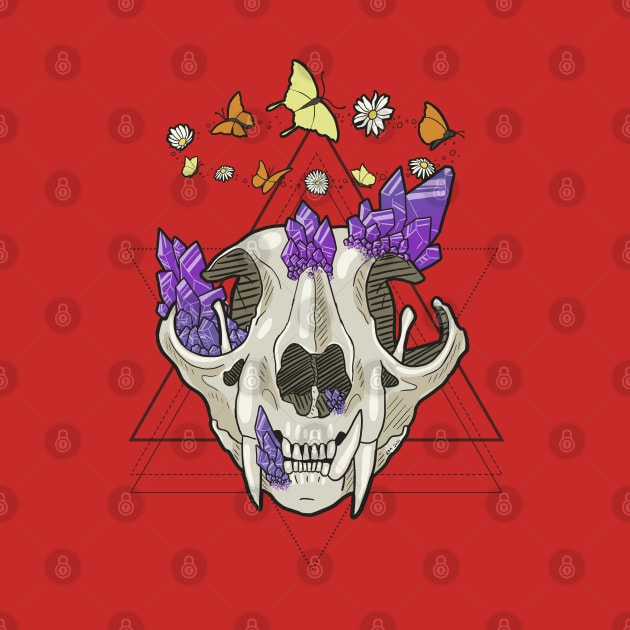 Cat Skull with Crystals, Butterflies, and Geometric Accents by KMogenArt