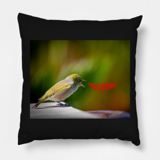 Happy Birthday greeting from cute little bird Pillow