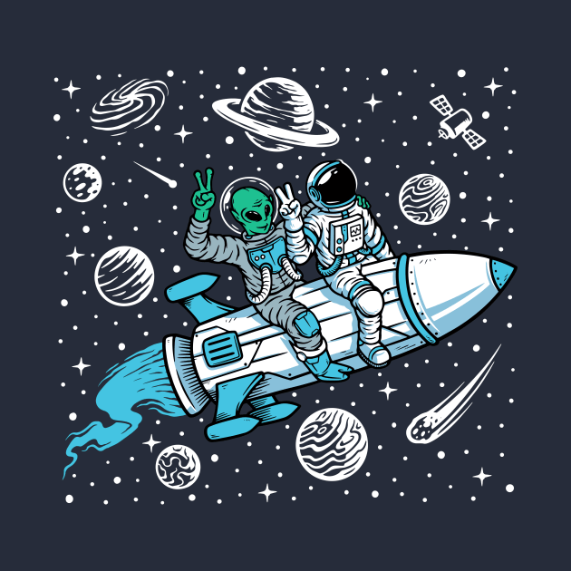 Funny Astronaut and Alien Riding a Rocket // Funny Outer Space by SLAG_Creative