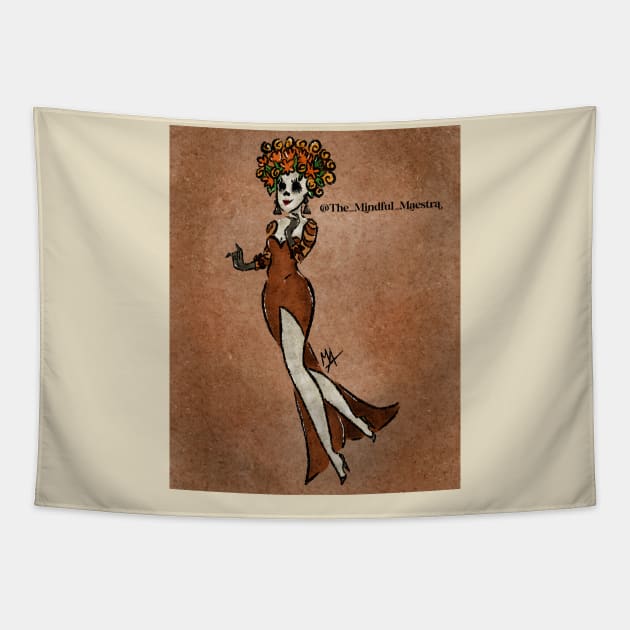 Bella Catrina in wedding dress with background Tapestry by The Mindful Maestra