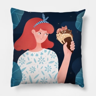 Cute girl with ice cream plants and cats, version 1 Pillow