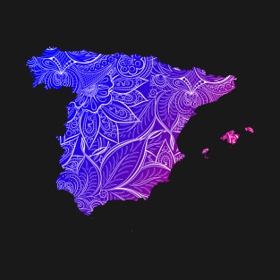 Colorful mandala art map of Spain with text in blue and violet T-Shirt