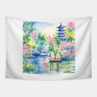Flamingo in chinoiserie landscape watercolor painting Tapestry