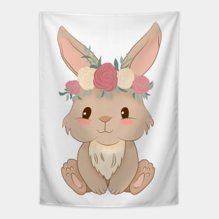 cute rabbit with flower wreath on head in cartoon style Tapestry