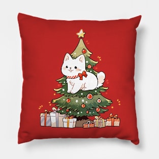 Meowy Christmas - White Cat on the Christmas Tree Pillow